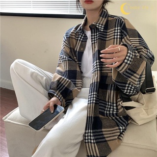 【泡芙衣櫃】襯衫女秋季2022新款復古港味格子BF風寬松中長款長袖外套ins