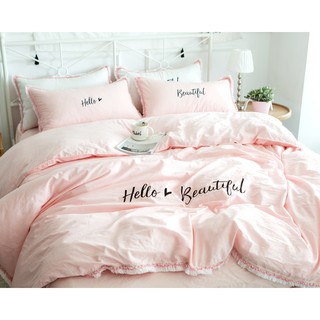 -HS-iNS簡約粉粉色刺繡水洗棉四件套小清新全棉公主風少女可愛床上用品床包四件組 床 床單 被套 夢幻公主 雙人床