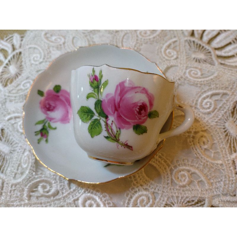 Vintage Meissen 德國麥森 瓷器/手繪 描金 玫瑰 杯盤組（盤有髮線瑕疵）