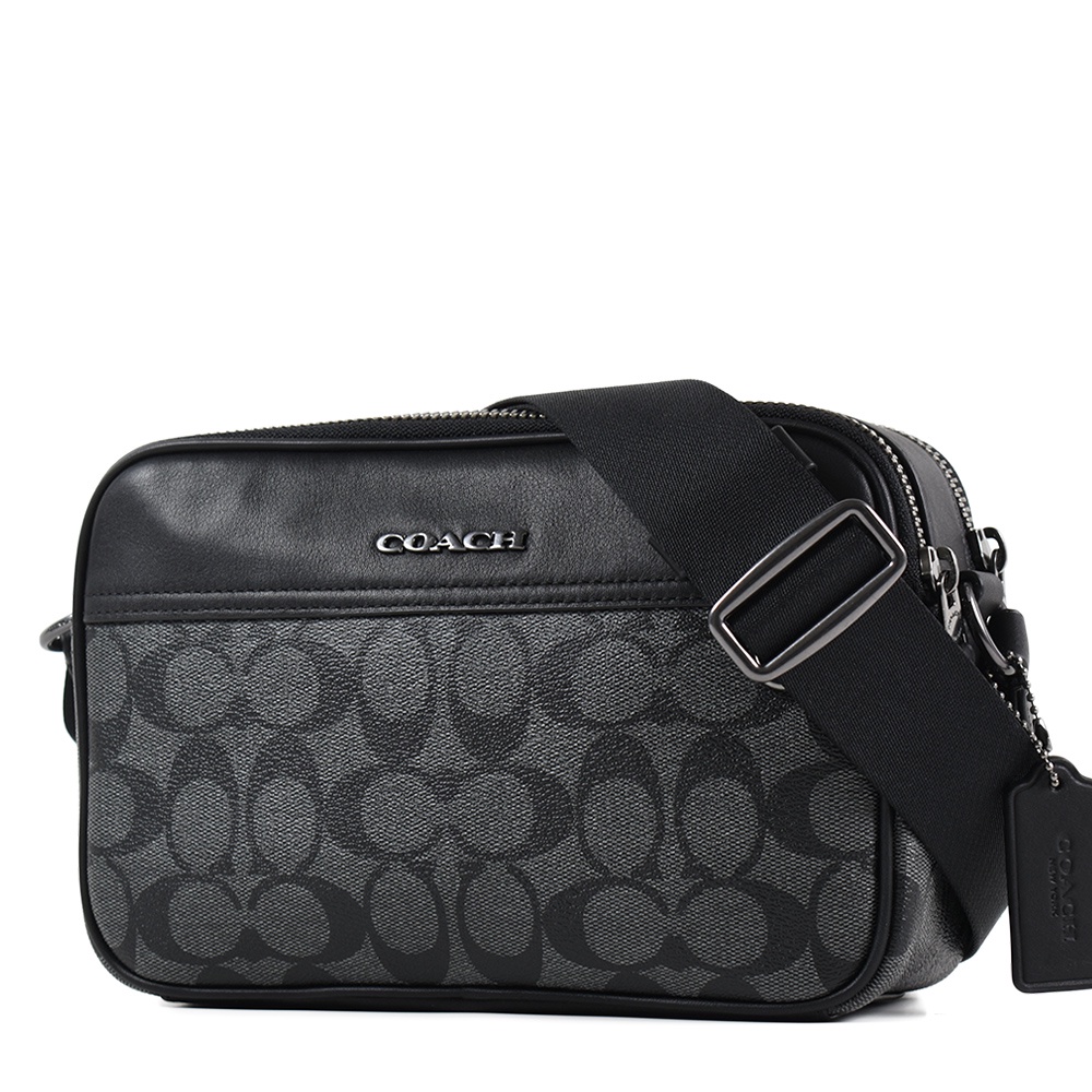 COACH 男款 緹花LOGO防刮雙層拉鍊斜背相機包-灰黑色【美國正品 現貨】