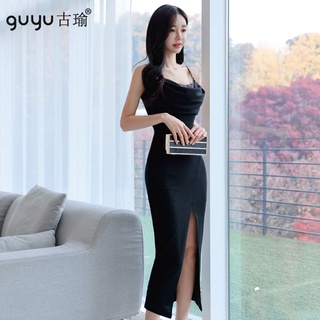 金屬吊帶黑色晚禮服 韓版無袖 S-XL 過膝開衩長洋裝 性感洋裝