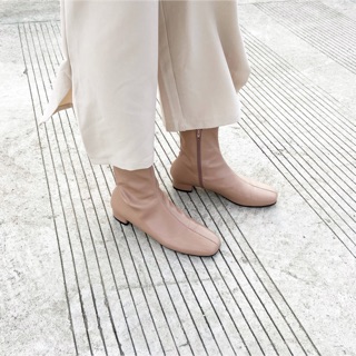 [全新預購]奶茶色皮革方頭顯瘦踝靴襪套靴