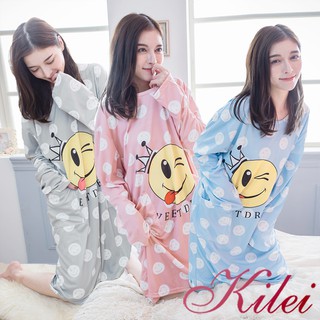 【Kilei】女生睡衣 睡裙 睡衣裙 居家服 滿版笑臉牛奶絲雙側口袋長袖連身睡衣XA4312(共3色)全尺碼