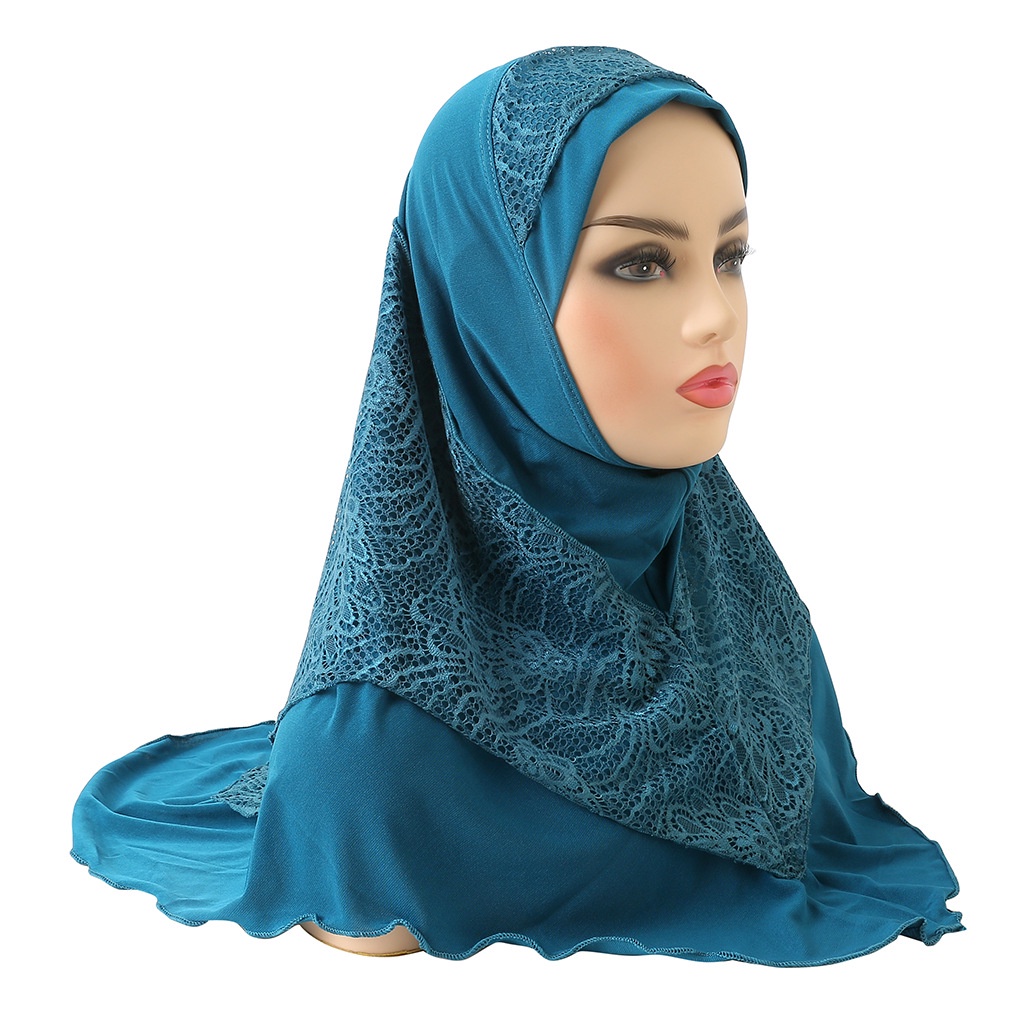 muslim hijab穆斯林女士水晶麻蕾絲拼接頭紗帽子中號穆斯林頭巾