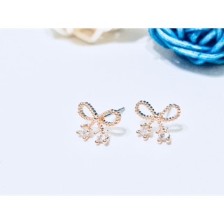 ✨現貨✨韓國 🇰🇷玫瑰金鑲鑽蝴蝶結 貼耳 耳環