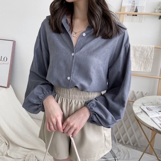 現貨♡好搭可愛泡泡縮袖蜜桃絨襯衫上衣【Mia Shop】