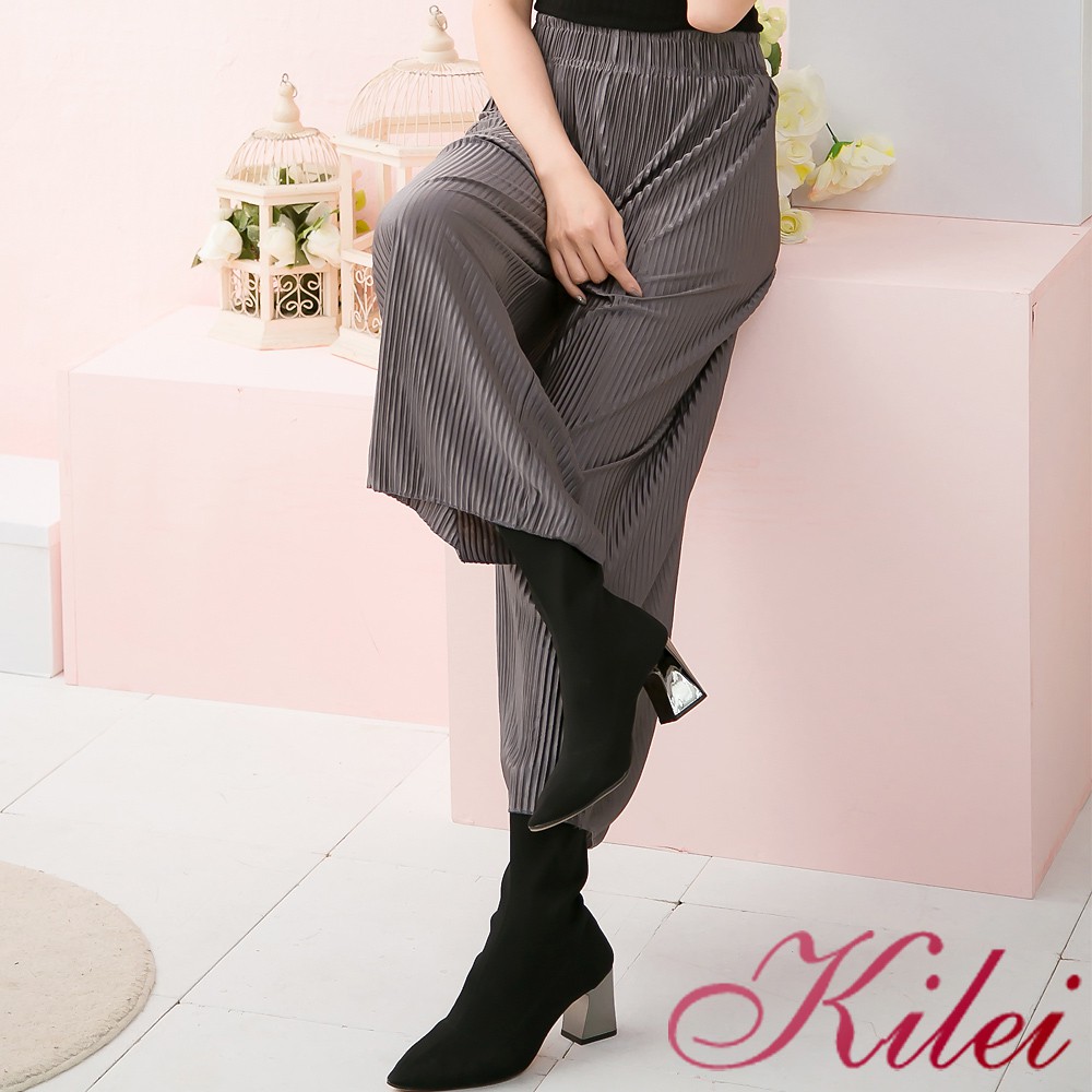 【Kilei】素色光滑百折長褲寬褲XA3739-03(時尚深灰)全尺碼