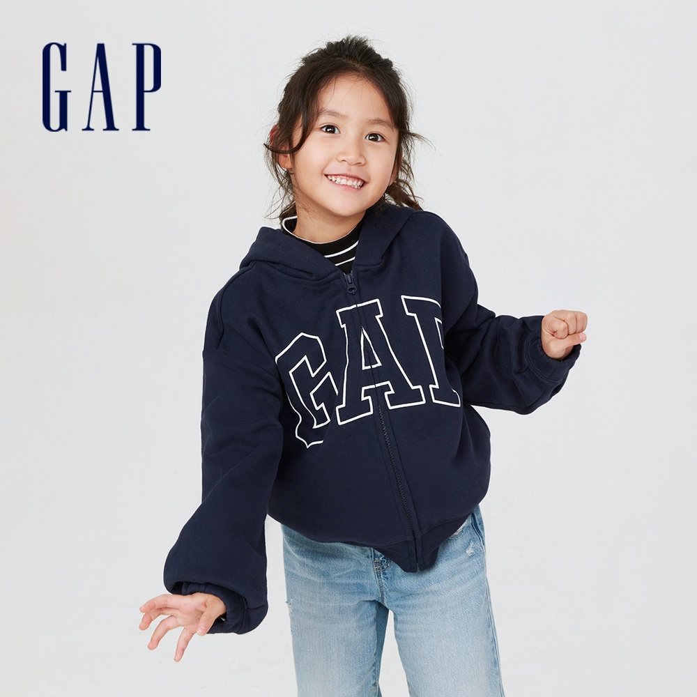 Gap 女童裝 Logo刷毛長袖外套 碳素軟磨系列-藏藍色(464485)