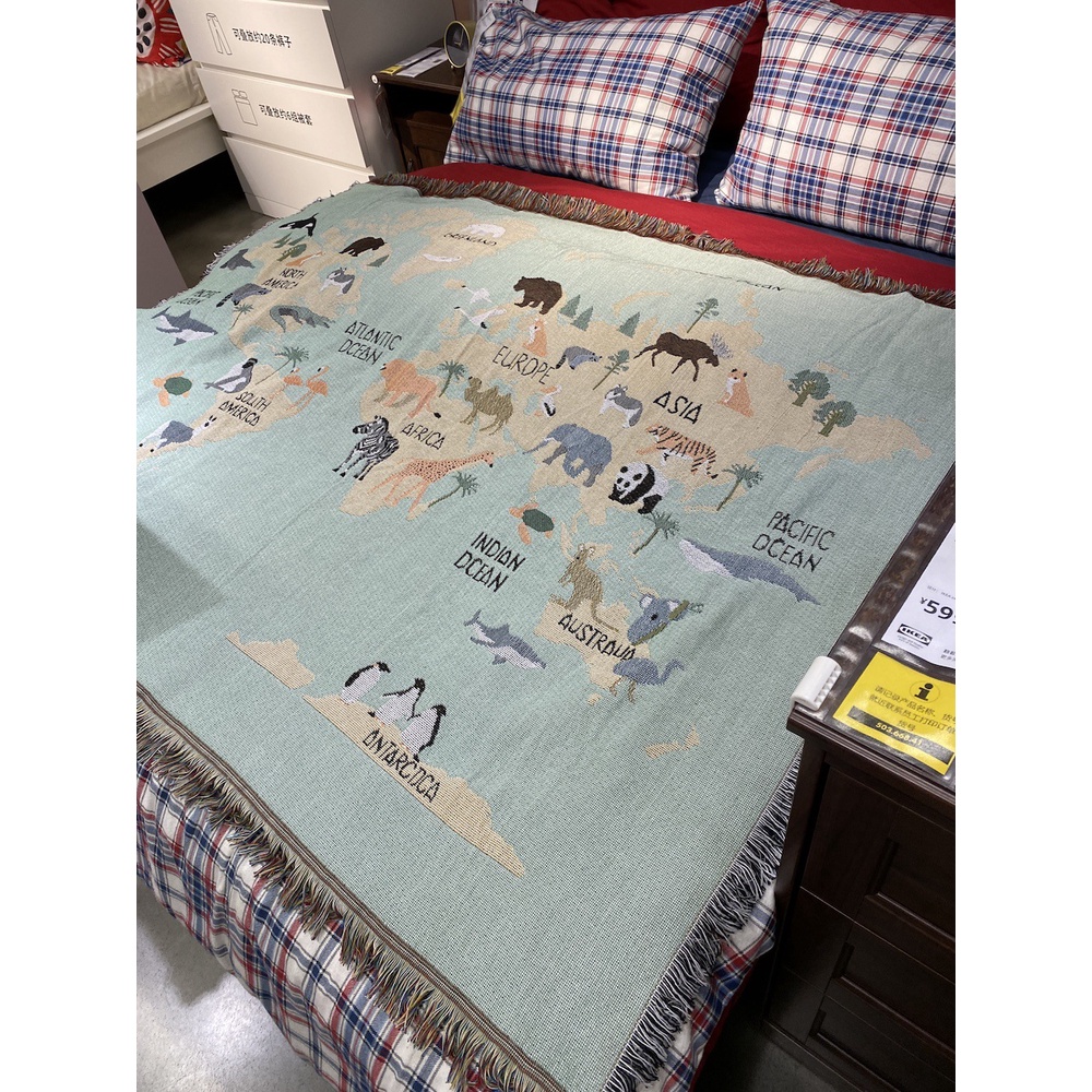 奶綠色 地圖動物 掛毯線毯休閑毯速賣通亞馬遜 tapestry blanket-jun