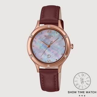 CASIO SHEEN 卡西歐 閃亮耀眼 淑女皮帶腕錶-紅X紫珍珠母貝錶盤 (SHE-4546PGL-6A)[秀時堂]