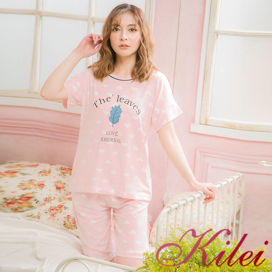 【Kilei】葉子圖案滿版愛心牛奶絲短袖二件式睡衣組XA4030(質感粉)全尺碼