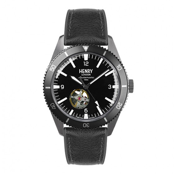 HENRY LONDON 英國設計師品牌手錶 | 英倫淺水風機械潛水錶-黑面x銀色指針x仿皮黑色膠帶