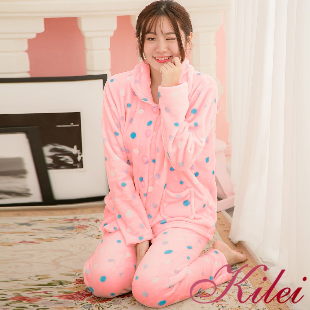 【Kilei】女生睡衣 睡衣套裝 保暖睡衣 家居服 繽紛彩點長袖水貂絨全開釦式二件式睡衣組XA3847(浪漫淺粉)全尺碼