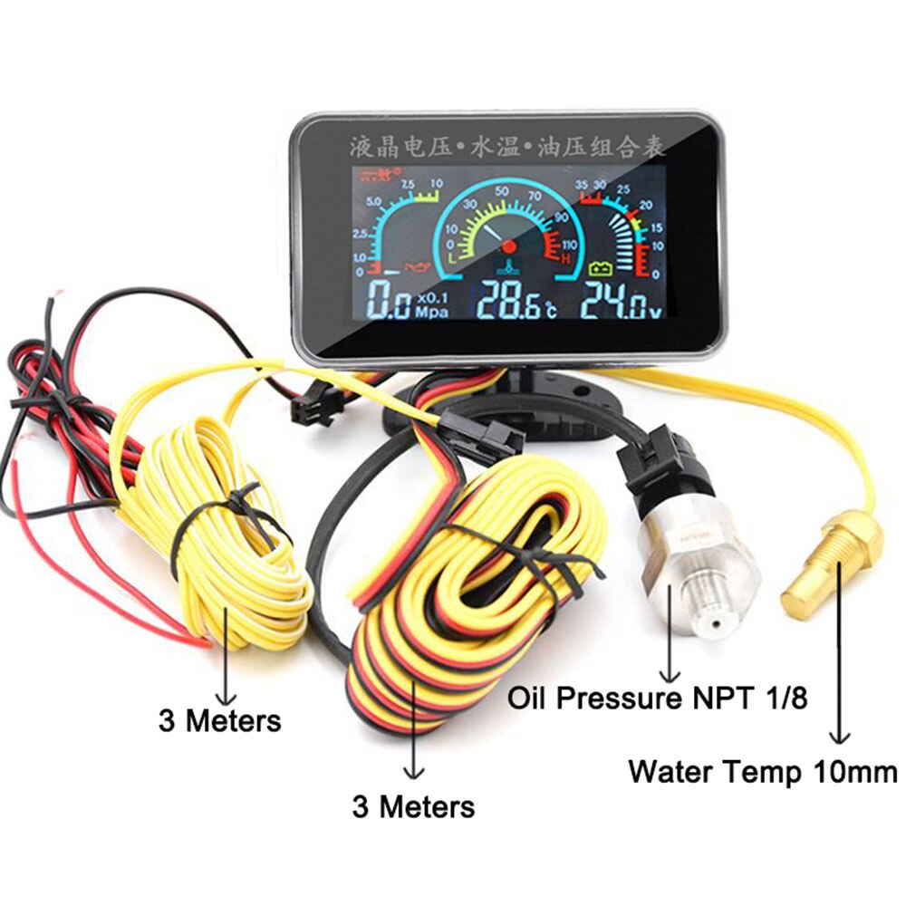 3 合 1 LCD 汽車數字油壓表電壓表水溫表 1/8 NPT 油壓傳感器 + 水溫傳感器 10mm