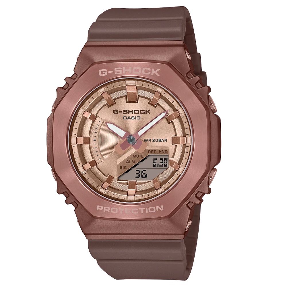 【CASIO 卡西歐】G-SHOCK 時尚經典八角形農家橡樹金屬錶殼雙顯錶-古銅色(GM-S2100BR-5A)