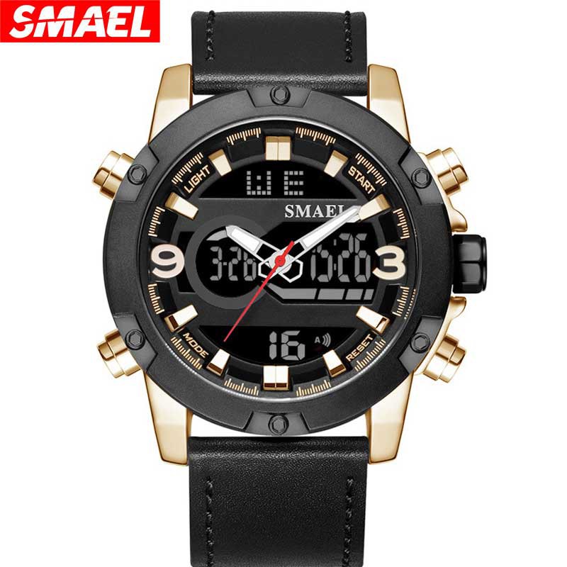 Smael 1320 皮革石英手錶男士時鐘數字 LED 軍隊軍事運動手錶珠寶手鍊和手錶
