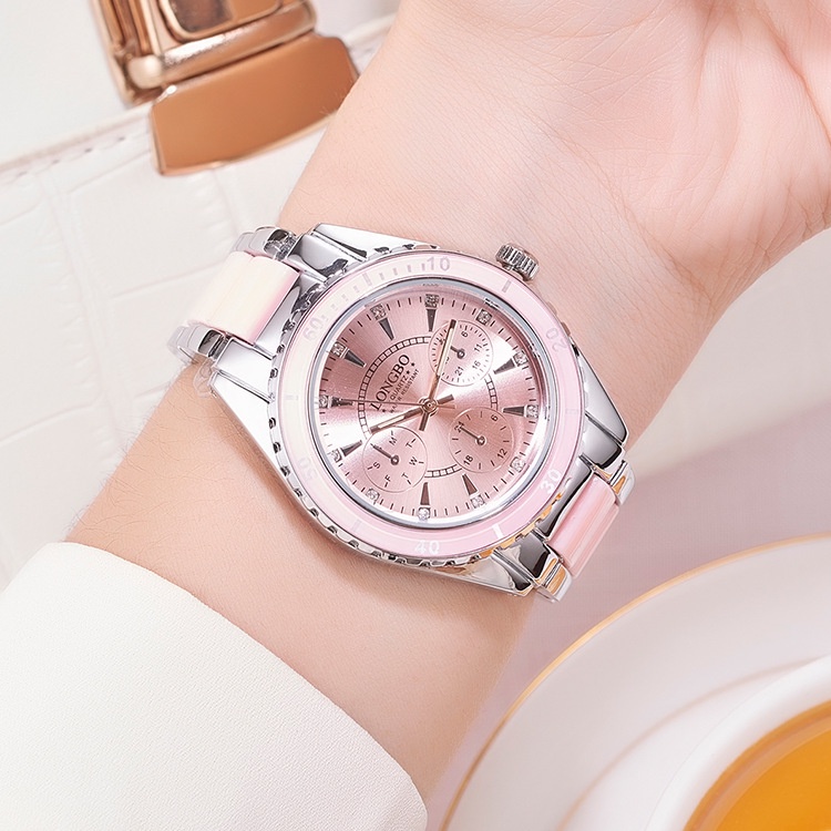 LONGBO品牌熱銷三眼手錶陶瓷鋼帶防水夜光女士石英腕錶