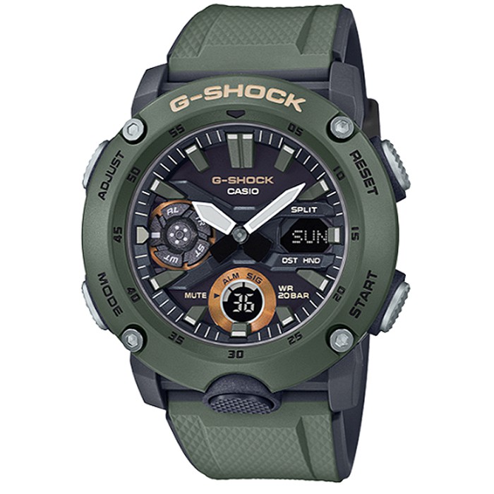 【CASIO】卡西歐G-SHOCK雙顯鬧鈴電子錶-軍綠 / GA-2000-3A (台灣公司貨)