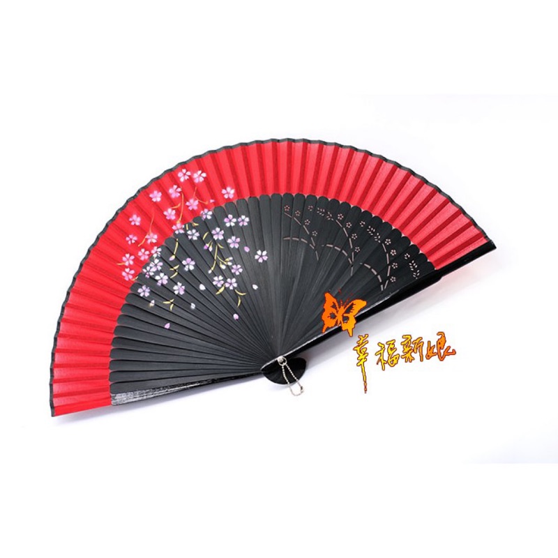 精緻和風日系扇子粉紅櫻花鏤空花草紋路竹扇黑底上端半透紅紗和服浴衣漢服性感神秘流蘇舞蹈扇子 蝦皮購物