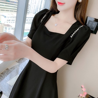 依依 洋裝 收腰 顯瘦 連身裙 S-2XL新款小黑裙小個子收腰顯瘦方領裙子高級感T302-6252.