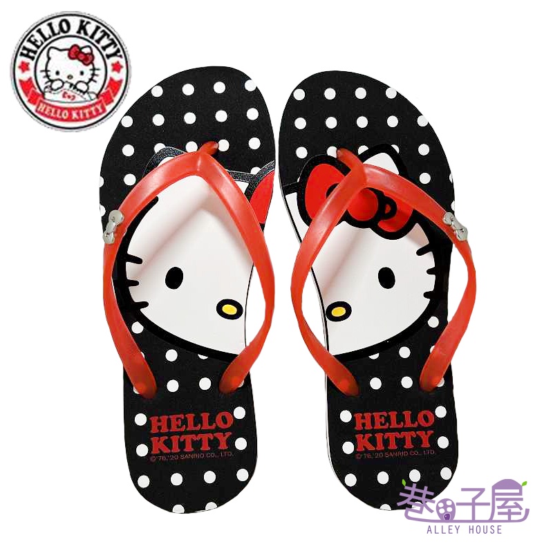 Sanrio三麗鷗 女HelloKitty點點防水夾腳拖鞋 人字拖 海灘拖 [920104]黑 MIT台灣製造【巷子屋】