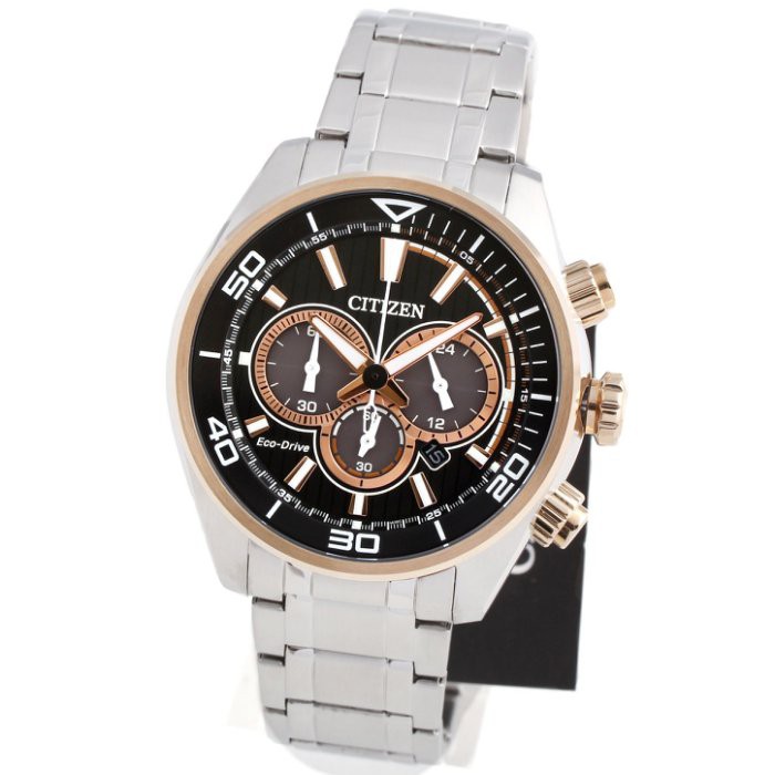 CITIZEN CA4336-85E 星辰錶 手錶 47mm 光動能 黑色面盤玫瑰金 三眼計時 男錶女錶