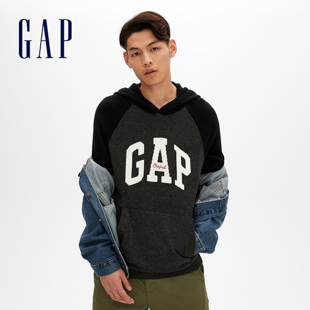 Gap 男裝 Logo長袖帽T-正黑色(474796)