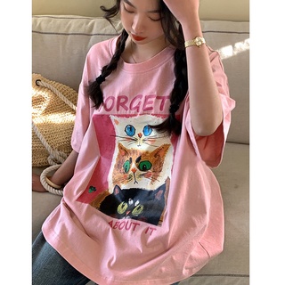 💕甜心大尺碼💕大尺碼 寬鬆上衣純棉大碼女裝夏卡通貓咪印花短袖T恤2434#