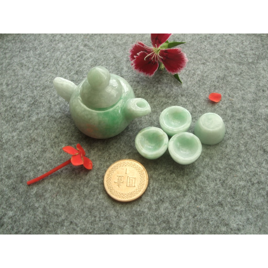 4-11662  A貨墜子❀翡翠玉水潤飄陽綠茶壺+4個杯子微型茶具擺飾品 禮物紀念品