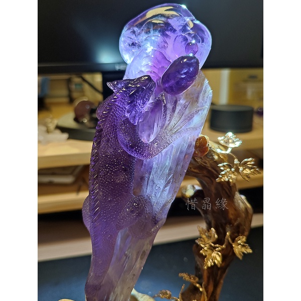 《惜晶緣》天然 紫黃晶 蜥蜴 雕刻 收藏級 精品 水晶 擺件 藝術品 紫水晶 紫晶