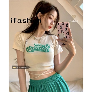 ifashion』設計感小眾 字母短袖t恤 短版上衣 修身 短袖上衣 綁帶 針織上衣 女生衣服