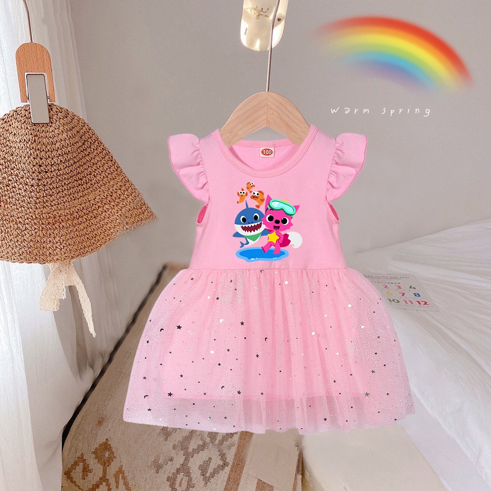 Baby Shark 連衣裙卡通圖案連衣裙 1-6 歲女嬰網眼裙作為生日禮物衣服直郵