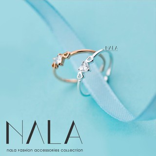NALA 娜拉。S925 純銀 心心相印 戒指 氣質簡約 愛心 水鑽 開口戒 銀戒 韓國 鏤空心型 鋯石 關節戒 C形戒