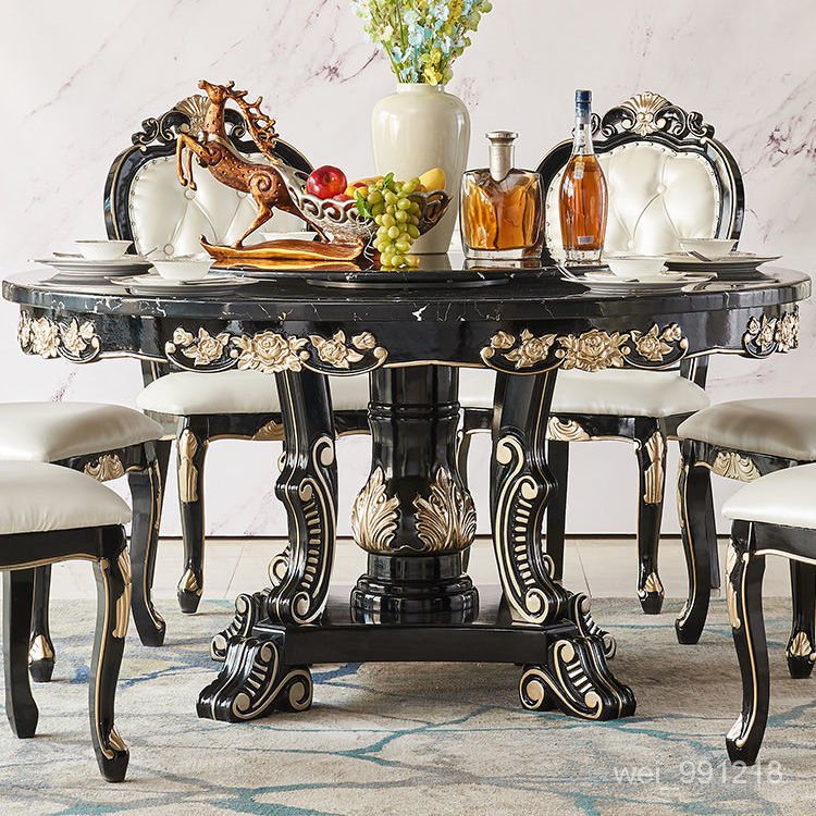 黑檀色實木輕奢圓桌歐式餐桌椅組閤傢用小戶型6人大理石桌子飯桌 TRVE