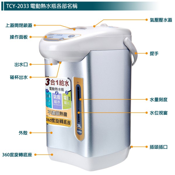 【福利品】大家源  3L 304不鏽鋼電動熱水瓶TCY-2033