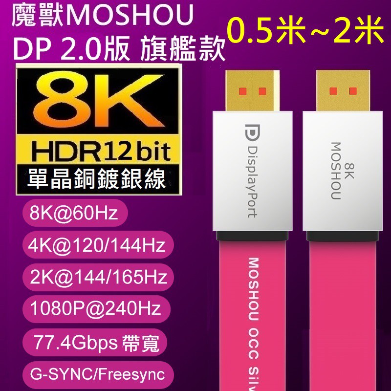 MOSHOU魔獸 DP2.0旗艦款8K 60Hz電競HDR單晶銅2K全鍍銀4K 144Hz扁平DP 2.0線DP 1.4