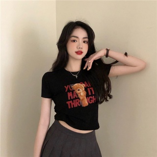 IELGY 短袖t恤女韓版字母小熊印花修身短款上衣