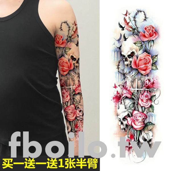 玫瑰花骷髏頭大花臂防水男女持久手臂腿部彩繪圖騰仿真刺青貼329 買1送1 蝦皮購物