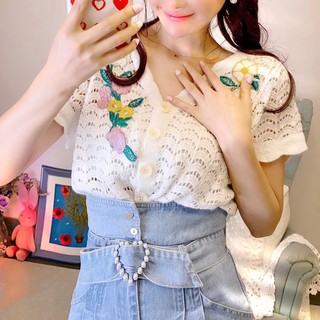 韓版甜美水溶蕾絲鉤花鏤空繡花短袖襯衫上衣VINASHOP