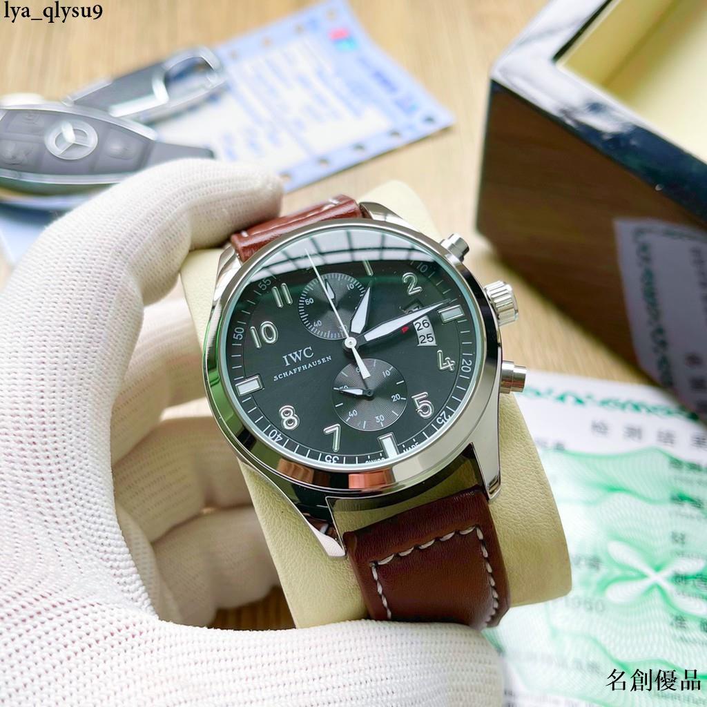 名創優品 IWC-萬國 男士手錶 5針多功能男錶 超強夜光 真皮錶帶 進口石英 礦物質水晶玻璃鏡面 石英錶