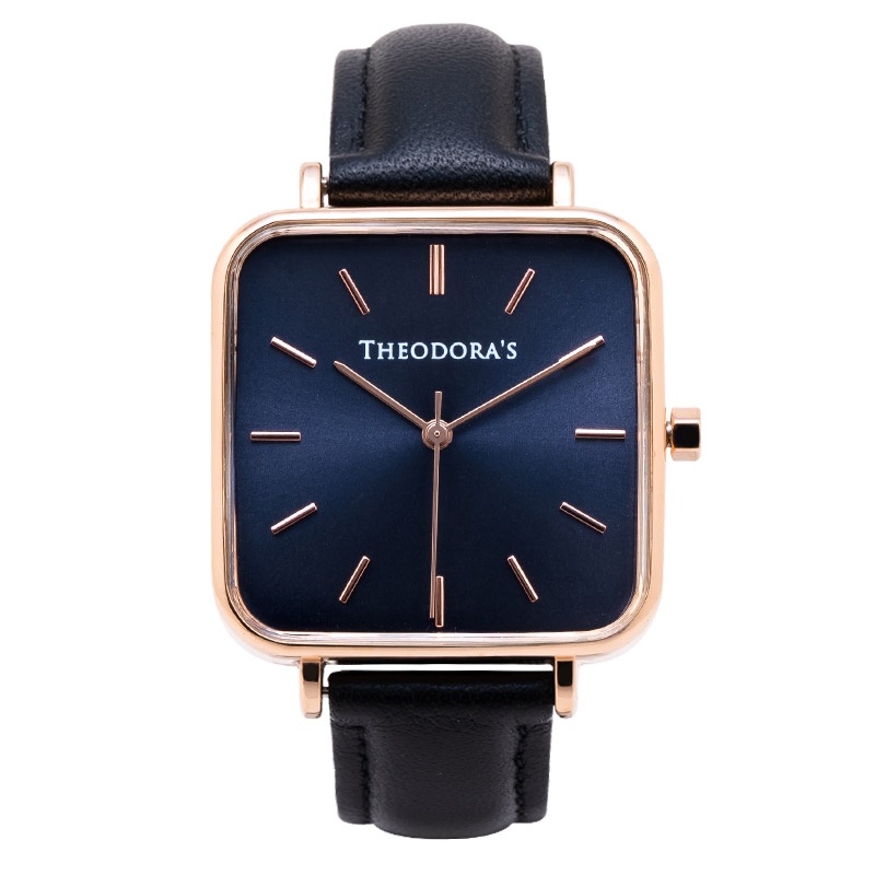 【THEODORA'S】Hebe 簡約方形真皮手錶 方形深藍-真皮黑【希奧朵拉】