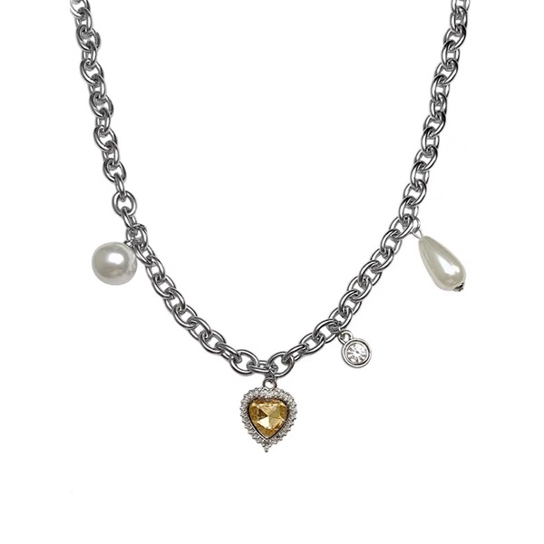 NY復古黃寶石珍珠項鍊女ins小眾設計高級感愛心黃鑽鎖骨鏈潮