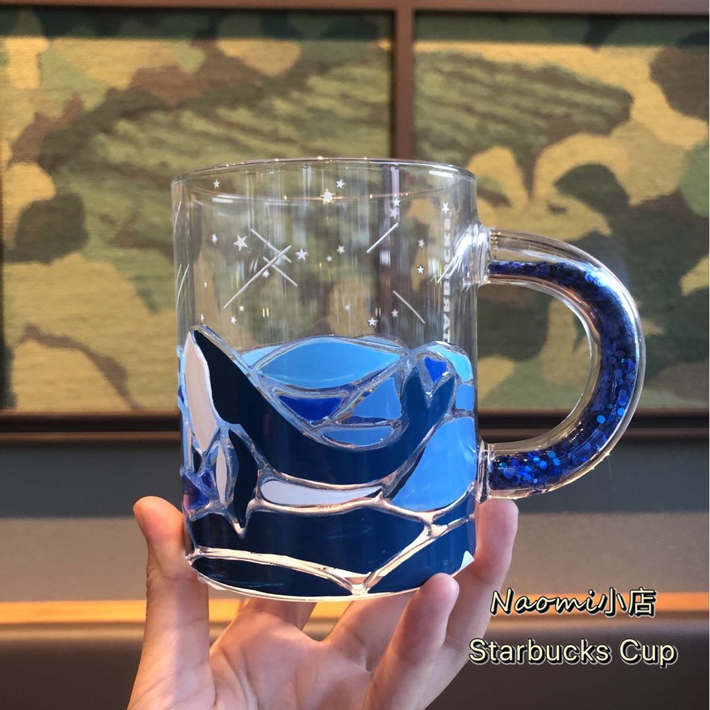 ✺✐星巴克韓國手繪藍色浮雕鯨魚水鉆把手玻璃杯水杯咖啡杯子