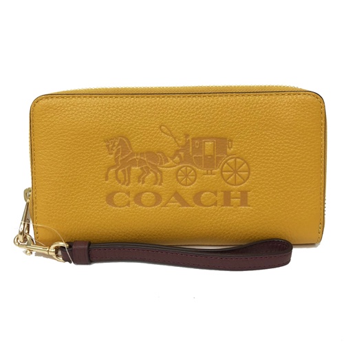 【COACH】大馬車LOGO手掛式拉鍊零錢袋長夾手拿包(黃)