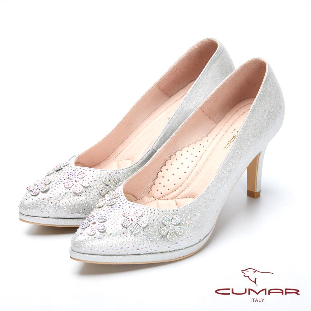 【CUMAR】璀璨閃耀-立體花卉水鑽點綴防水台高跟鞋 - 銀白
