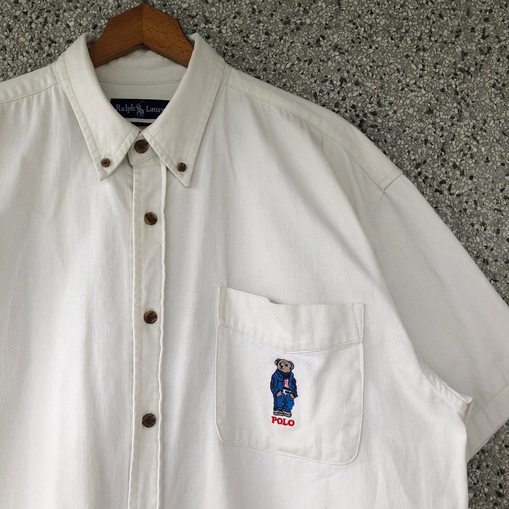 [Oldman Vintage]Polo Ralph Lauren 米白 小熊 刺繡 短袖 古著 襯衫 XL B04