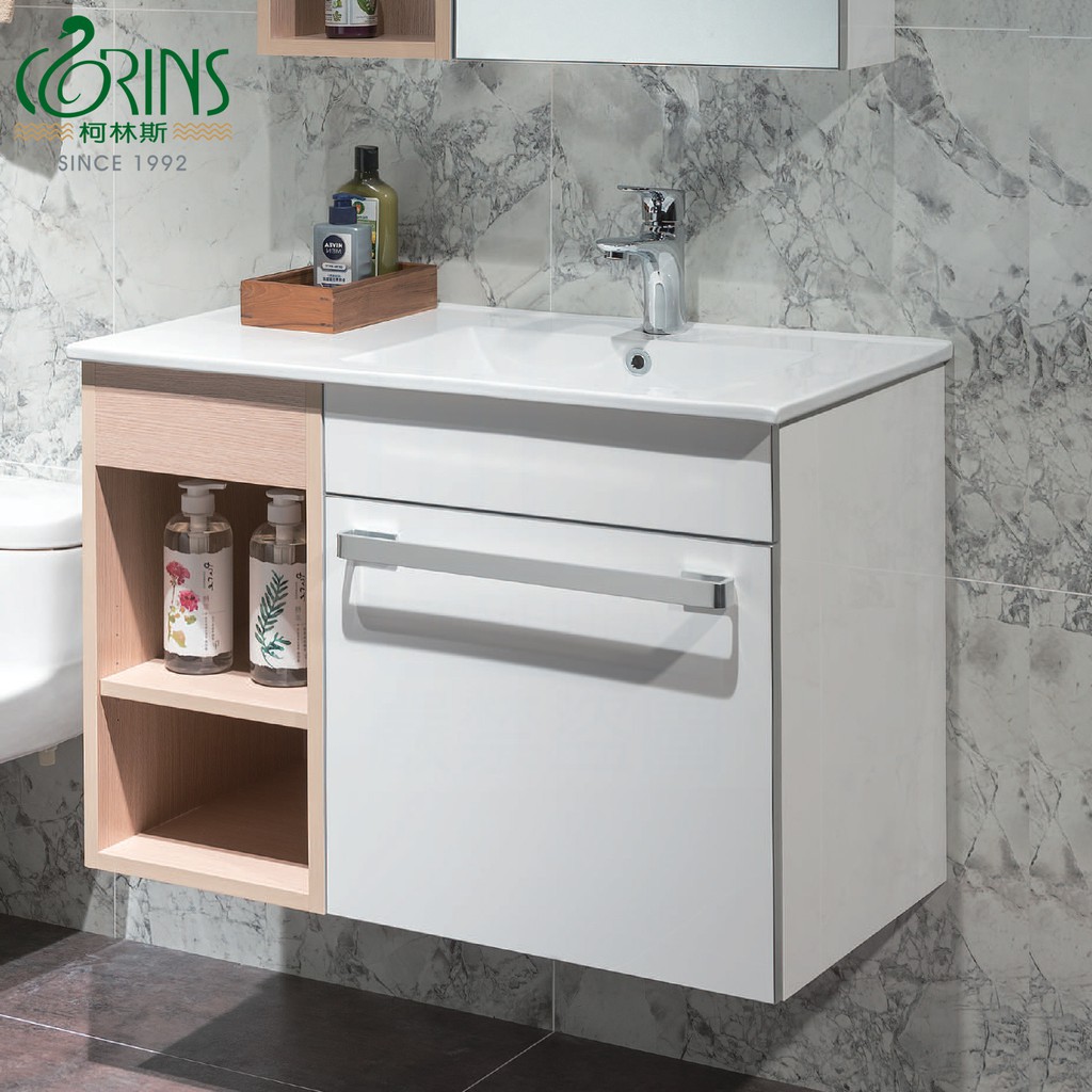 《CORINS 柯林斯》新夢幻 時尚白結晶鋼烤 80cm 面盆浴櫃組 N-DM-80R 加拿大冷杉開放櫃【都會區免運費】