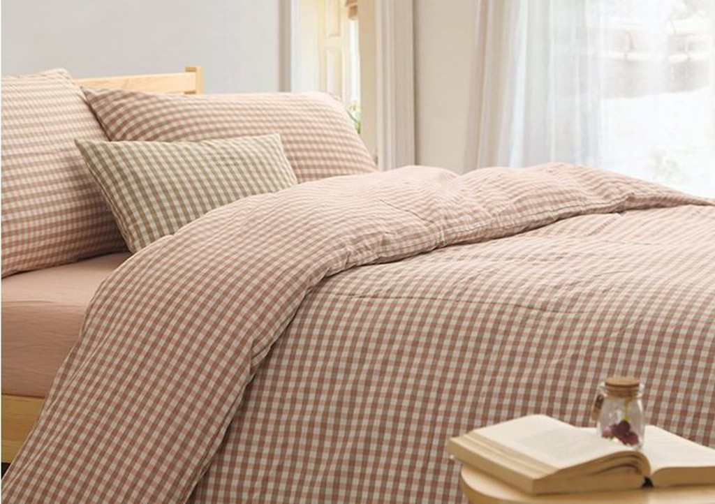 日式水洗棉系列~MUJI無印良品風 純棉簡約粉色小格紋雙人床包被套4件組- 吸汗/透氣/舒適~PicHome 挑 家居