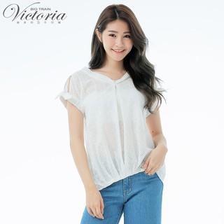 VICTORIA 立領變化袖抽縐綁帶短袖T-白V85454-80