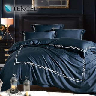 古典素色刺繡60支100%純天絲TENCEL【雙人 加大 特大組合】規格可選 兩用被床包四件組 星粹藍